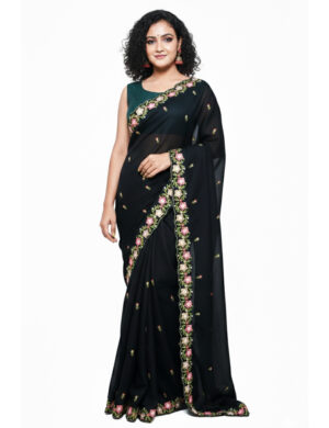 Black Embroidered Soft Georgette Saree