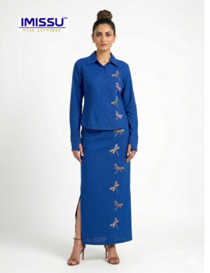 Royal Blue Linen Cotton Embroidered Skirt & Thumbhole Sleeve Shirt Co-Ord Set